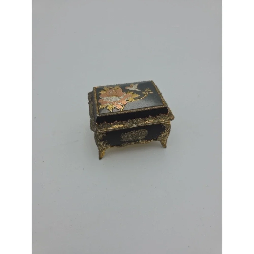 Vintage Japanese Art Trinket Box, Velvet-Lined, Bird and Flowers